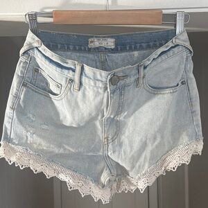 Free People Light Blue Jean Shorts with Lace Trim